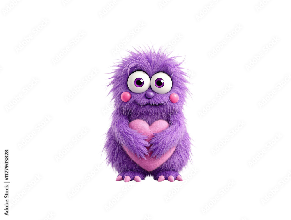Purple fluffy monster holding a heart, isolated on a transparent background Purple fluffy monster holding a heart, isolated on a transparent background