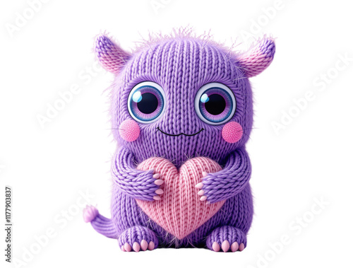 Purple knitted monster holding a heart, isolated on a transparent background