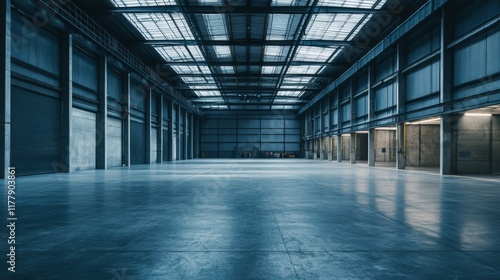 Wallpaper Mural Factory Warehouse Building with Exterior Concrete and Aluminium Steel Wall and Metal Roof against Blue Sky Background, Industry Storage with Automatic Roller Shutter Door and Pavement Floor  Torontodigital.ca