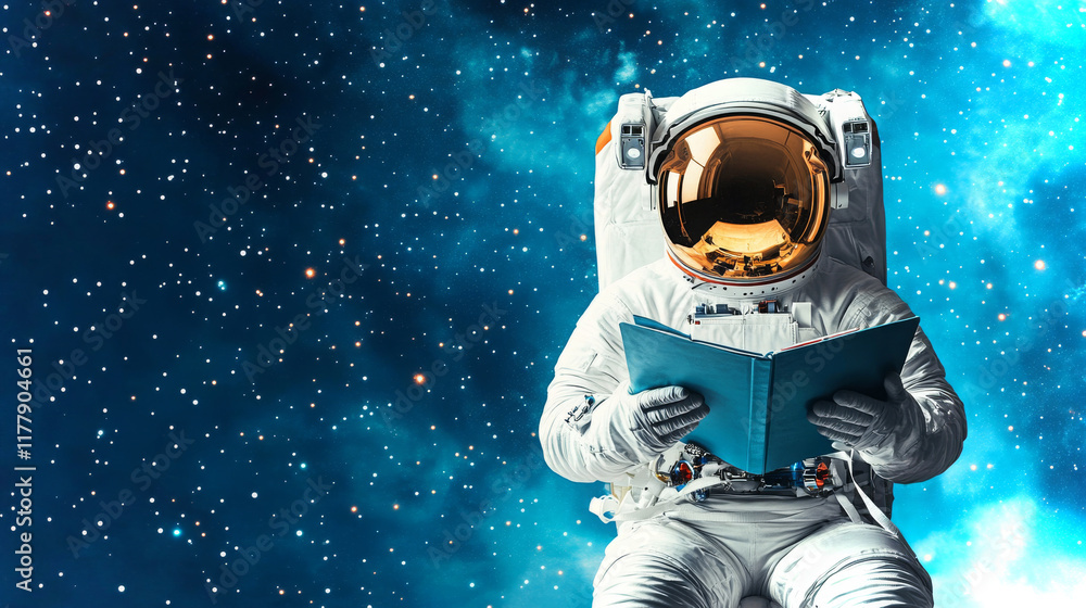 Astronaut reviews fitness progress while floating in space surrounded by stars and galaxies Astronaut reviews fitness progress while floating in space surrounded by stars and galaxies