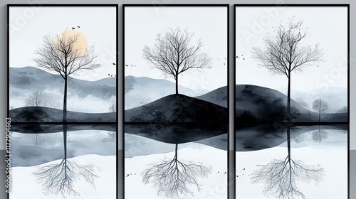 Triptych of minimalist landscape art with leafless trees reflecting in calm water under a pale sun. photo