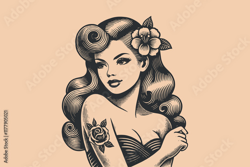 Retro pin-up style woman with flower and vintage tattoo design