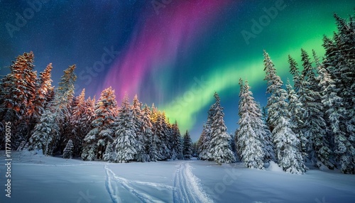 an enchanting snow covered forest under the vibrant northern lights capturing the beauty of winter tranquility and the magical glow of nature s colorful sky photo