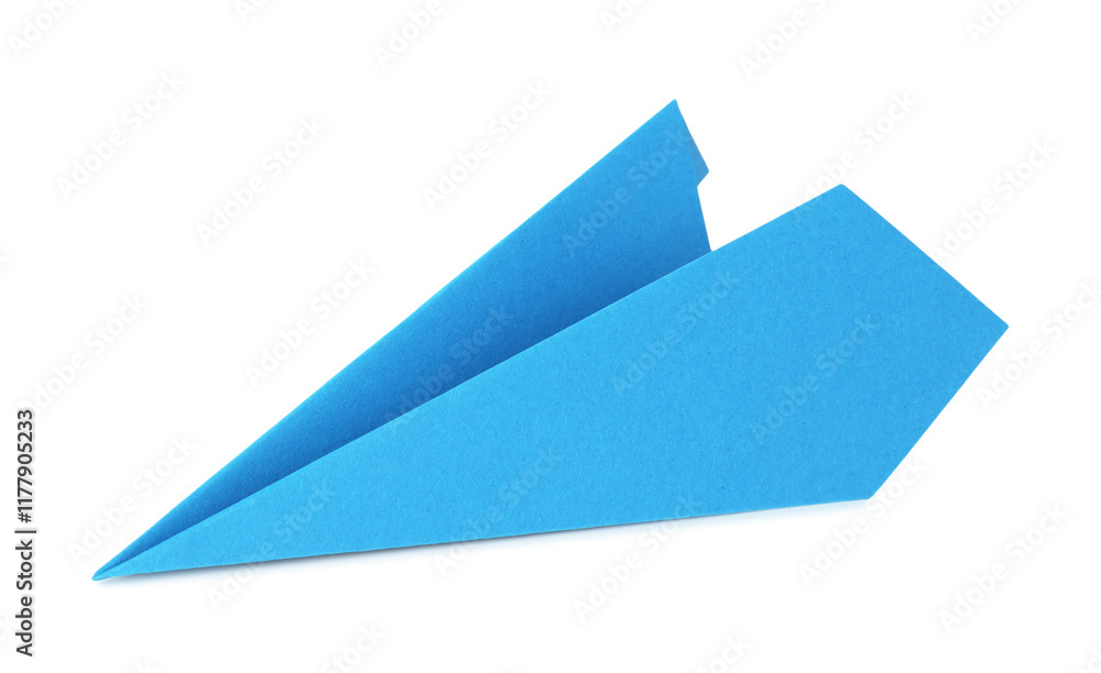 One handmade light blue paper plane isolated on white One handmade light blue paper plane isolated on white