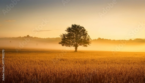 solitary tree in a misty golden field at sunrise