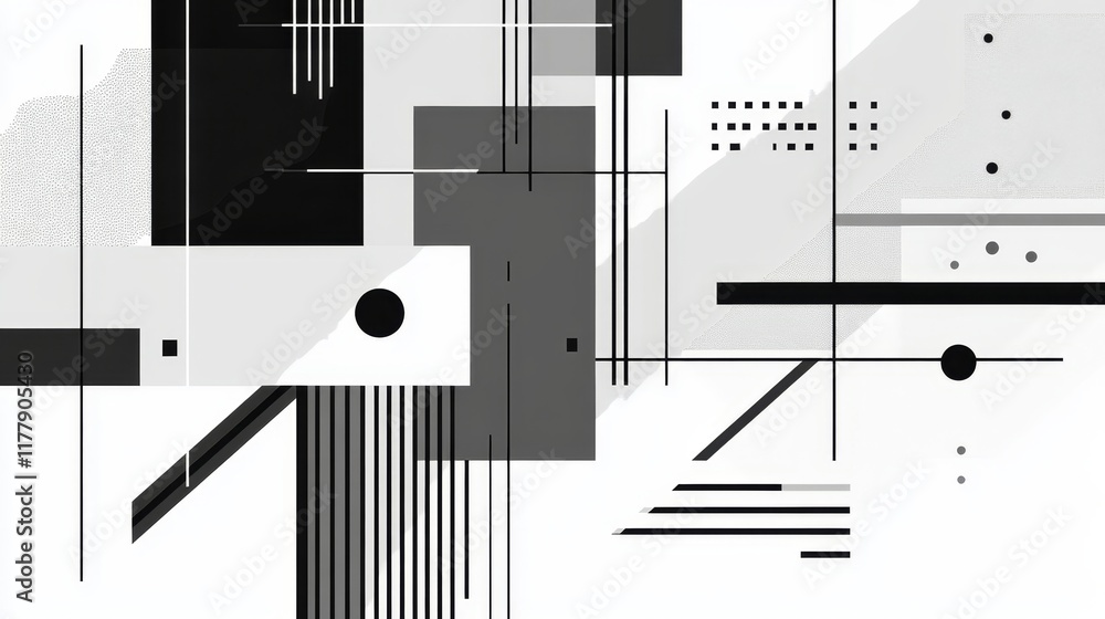 Abstract black and white geometric composition with various shapes and lines. Abstract black and white geometric composition with various shapes and lines.