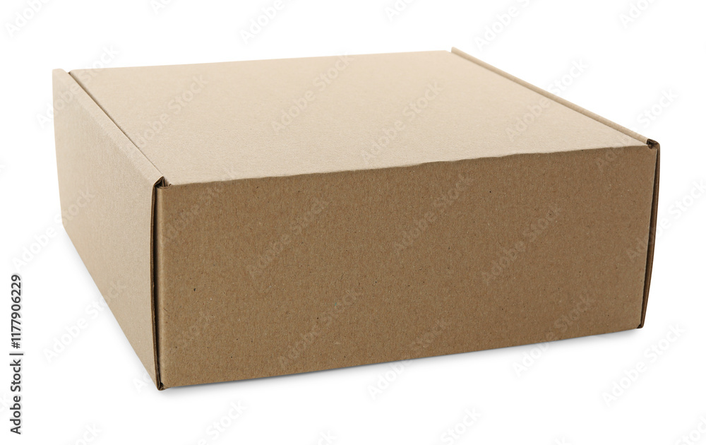 One closed cardboard box isolated on white. Mockup for design One closed cardboard box isolated on white. Mockup for design