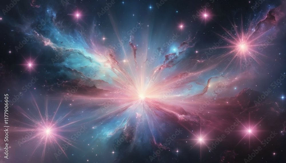 Abstract surreal galaxy with soft opal-colored lights and luminous pink starbursts