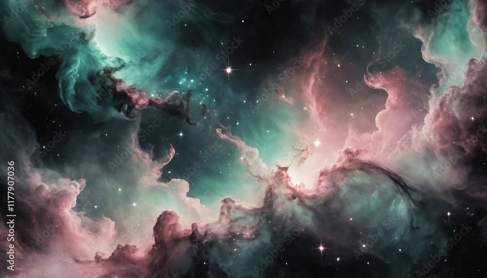 Celestial galaxy with soft pink and mint green shades on a smoky black background Celestial galaxy with soft pink and mint green shades on a smoky black background