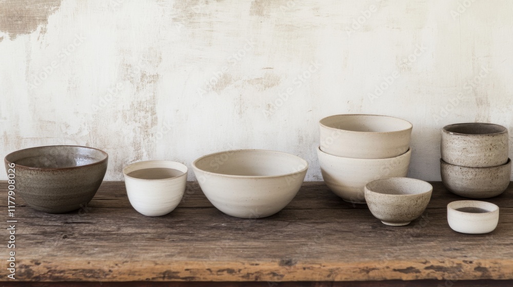 Rustic ceramic bowls and cups on wooden table. Rustic ceramic bowls and cups on wooden table.