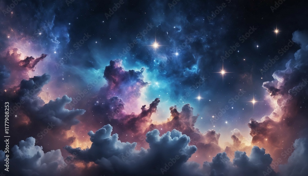 Dreamy galaxy featuring glowing sapphire clouds and scattered crystalline star clusters Dreamy galaxy featuring glowing sapphire clouds and scattered crystalline star clusters