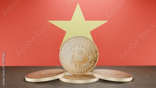 Golden bitcoin coin in front of the Vietnam flag, symbolizing cryptocurrency and digital finance in Vietnam, representing blockchain innovation and financial technology in a patriotic context photo