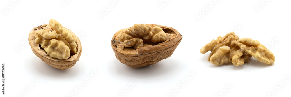 Walnuts isolated on white background. Top view. Flat lay Walnuts isolated on white background. Top view. Flat lay