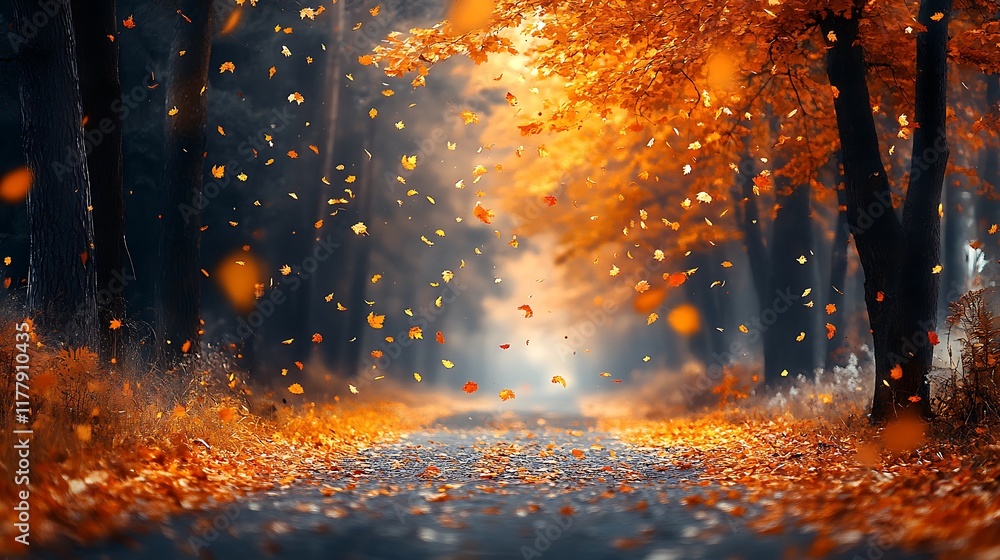 Forest Path Captured With Radiant Falling Golden Leaves in Beautiful Photo Forest Path Captured With Radiant Falling Golden Leaves in Beautiful Photo
