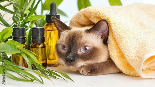 Cat spa care concept. A cat wrapped in a towel with essential oil bottles and plants nearby.