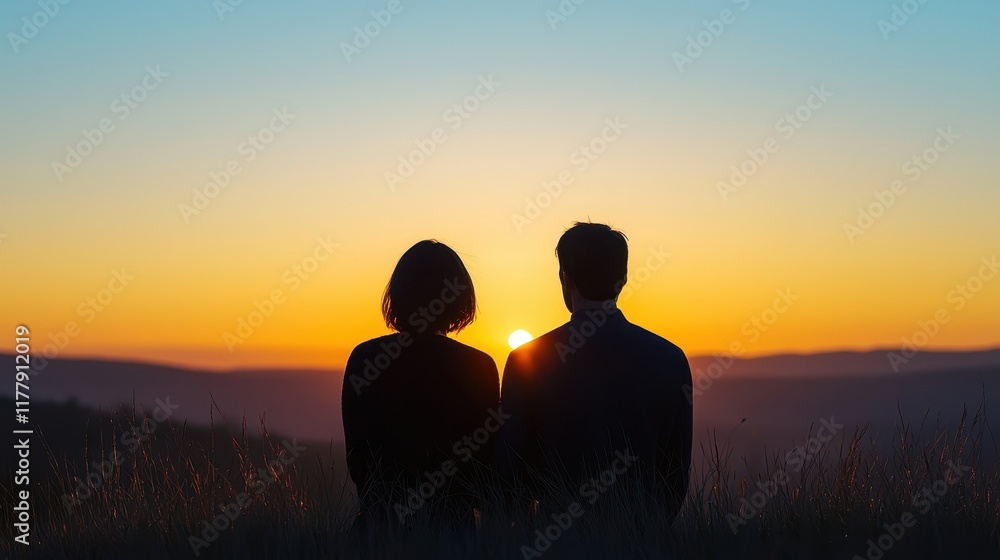 A couple enjoys a serene sunset together, silhouetted against a vibrant sky, creating a romantic and peaceful atmosphere. A couple enjoys a serene sunset together, silhouetted against a vibrant sky, creating a romantic and peaceful atmosphere.