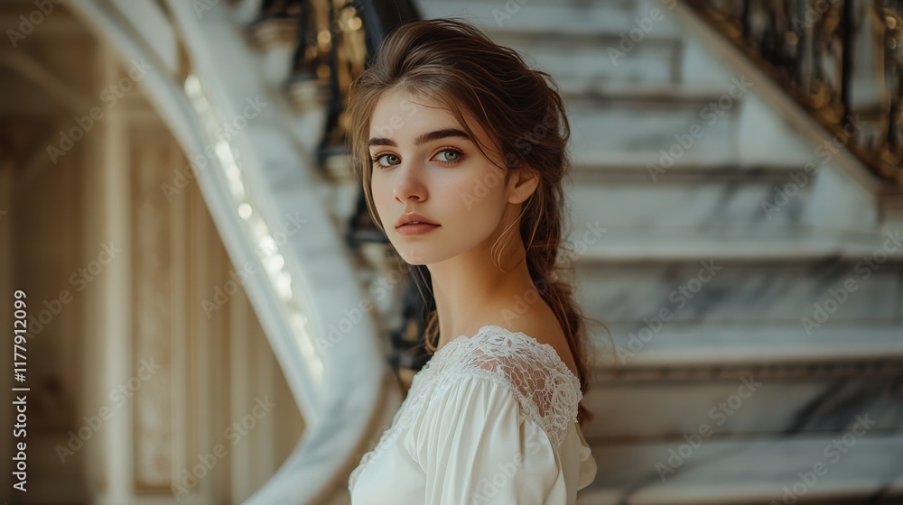 Fototapeta premium Young Woman in Elegant White Dress Near Marble Staircase
