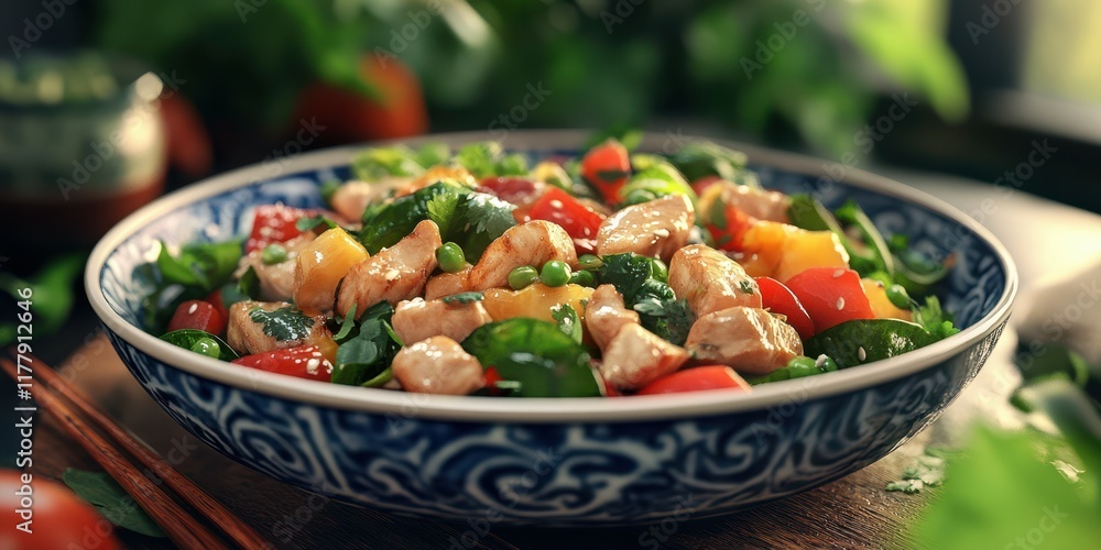 Colorful salad with chicken, fresh vegetables, and herbs served in a decorative bowl during a sunny day Colorful salad with chicken, fresh vegetables, and herbs served in a decorative bowl during a sunny day