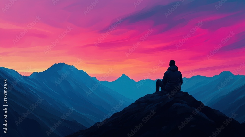 A serene silhouette of a person sitting atop a mountain, gazing at a vibrant sunset with colorful clouds illuminating the sky. A serene silhouette of a person sitting atop a mountain, gazing at a vibrant sunset with colorful clouds illuminating the sky.