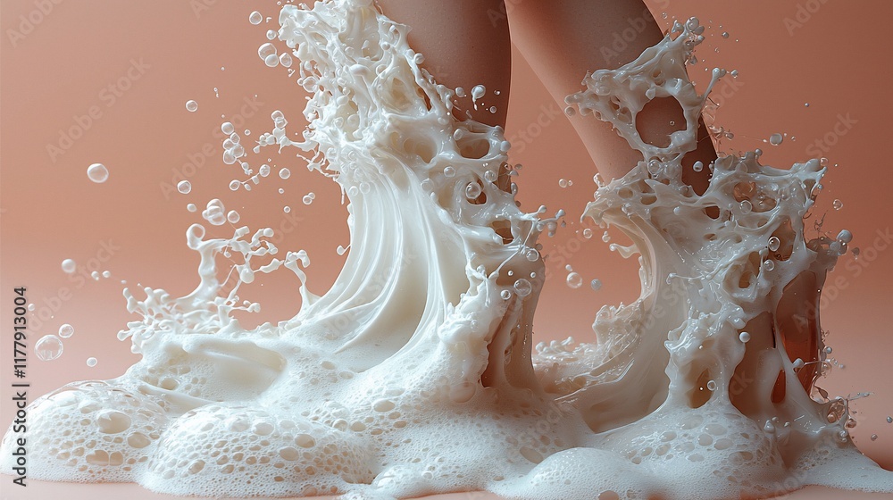 Fototapeta premium Female feet stepping into a wave of milk foam.