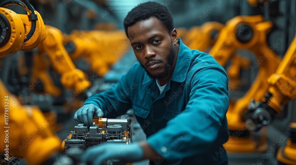 Black factory worker assembling electronic parts in a high-tech industrial setting with robotic arms, showcasing precision, innovation, and diversity in modern manufacturing and technology Black factory worker assembling electronic parts in a high-tech industrial setting with robotic arms, showcasing precision, innovation, and diversity in modern manufacturing and technology