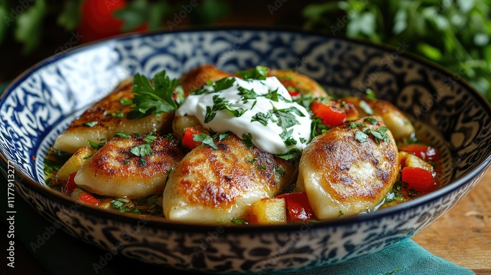 Pan Fried Potato Dumplings with Creamy Sauce and Herbs Pan Fried Potato Dumplings with Creamy Sauce and Herbs