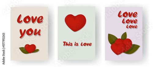 A set of romantic cards featuring bright red hearts and text designs Love You and This is Love. Perfect for celebrating Valentine's Day, weddings, or romantic dates