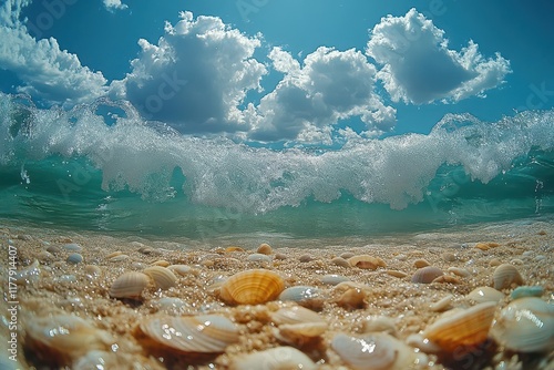 a captivating perspective of a beach from below capturing the sand shells and waves above evoking a sense of wonder and tranquility in a serene coastal environment photo