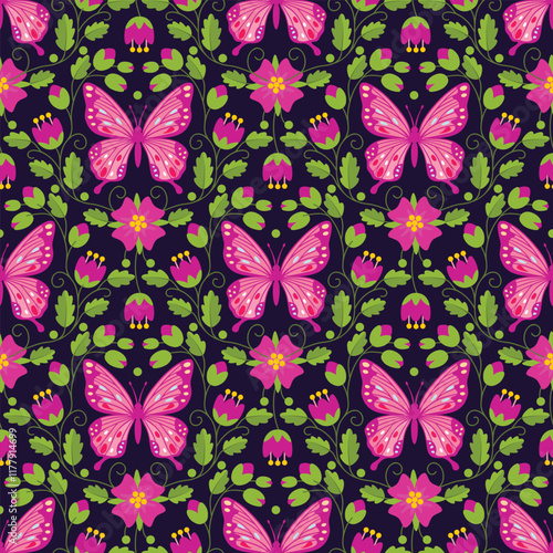 Cartoon seamless pattern with butterfly among flowers. Colorful background with cute insect and floral composition. Folk style print on fabric and paper. Spring summer seasonal  vector illustration.