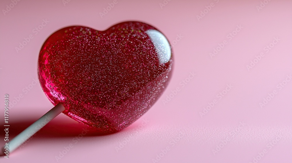 Fototapeta premium Glittery heart lollipop on pink background with copy space.
