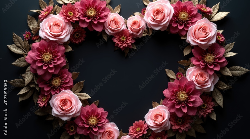 A striking heart design made of lush flowers and glittering gold elements against a shadowy black background. A striking heart design made of lush flowers and glittering gold elements against a shadowy black background.