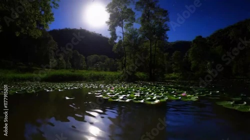 Captivating 4K Stock Footage of Moonlit Lake in Enchanted Forest  