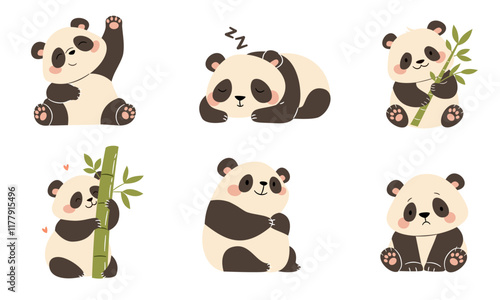 A set of flat vector illustrations in a simple children's style. Cute pandas in different poses. Sleeping, with bamboo, funny and sad on a white background . Vector illustration photo