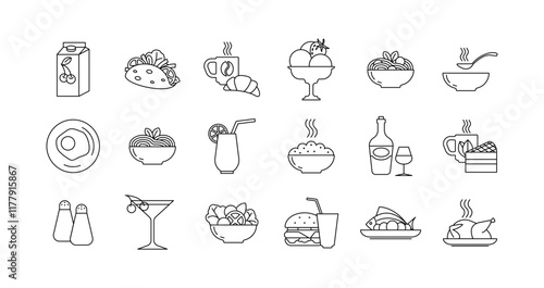 Set of dining icons for food. Illustration in modern style of thin line icons related to food: dish, lunch, drinks, fast food and more. Pictograms and infographic for mobile applications. Vector