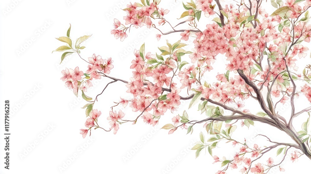 Pink cherry blossom branch, spring, white background, floral design, greeting card Pink cherry blossom branch, spring, white background, floral design, greeting card