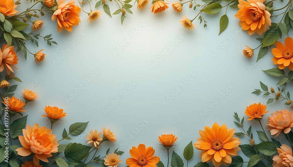 Fototapeta premium Vibrant Floral Frame with Orange Blooms and Verdant Foliage