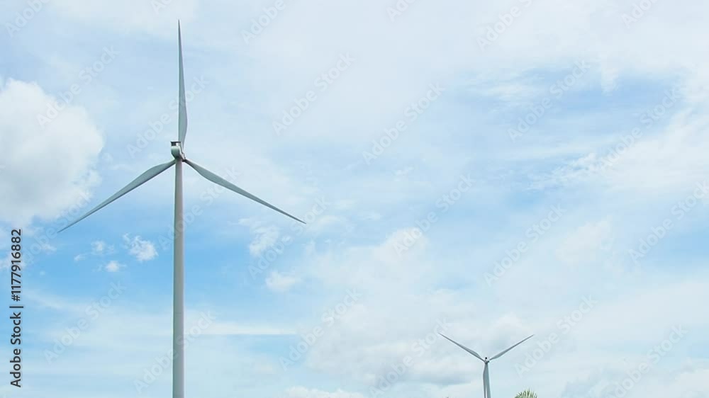 Wind Power: A majestic wind turbine stands tall against a backdrop of a bright blue sky, its blades gracefully cutting through the air, symbolizing the power of renewable energy. Wind Power: A majestic wind turbine stands tall against a backdrop of a bright blue sky, its blades gracefully cutting through the air, symbolizing the power of renewable energy.