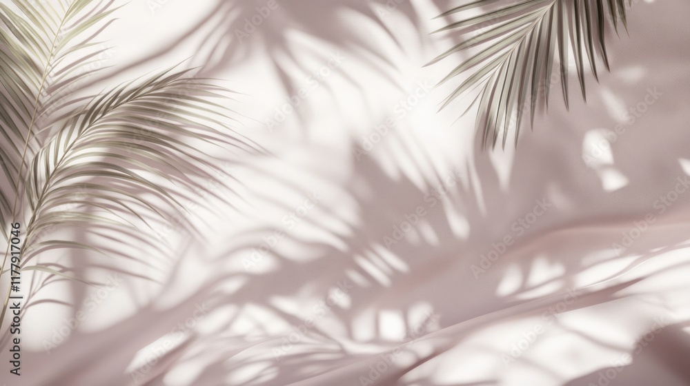 Fototapeta premium Soft light casts palm leaf shadows on pale pink fabric.