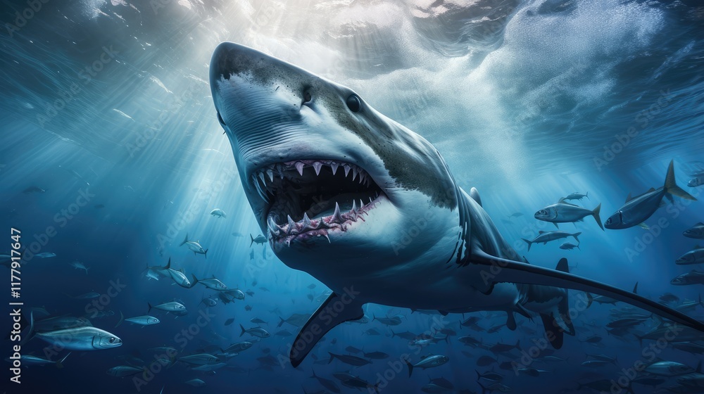 Naklejka premium Warning Sign of Aggressive Marine Predator Swimming Underwater