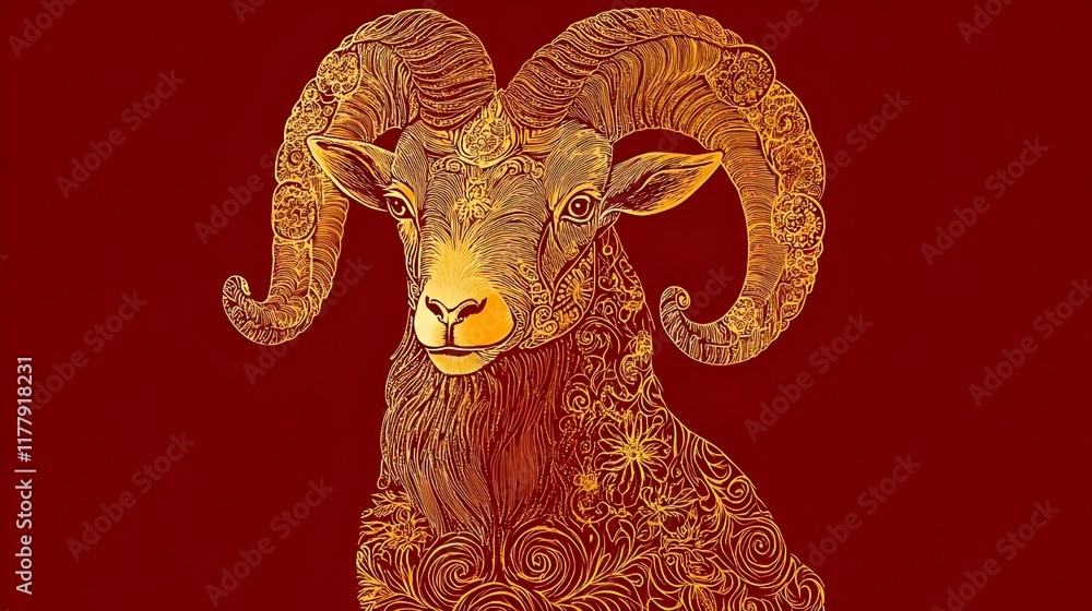 Naklejka premium new year of the Goat. Close-up portrait of a cute, horned brown goat with white fur, the 12 Zodiac Signs: Lunar New Year Glow. perfect for Chinese New Year decorations
