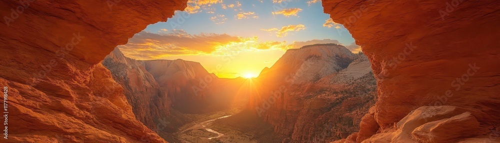 Naklejka premium A stunning sunset view through a rock formation, showcasing vibrant colors and dramatic landscapes in a serene natural setting.