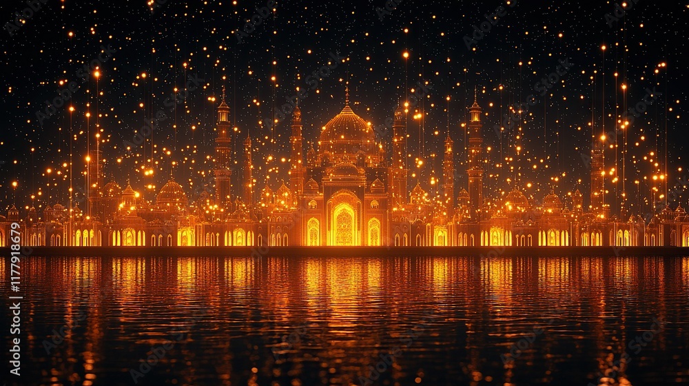 Fototapeta premium Glowing mosque at night reflecting in water with festive lights.