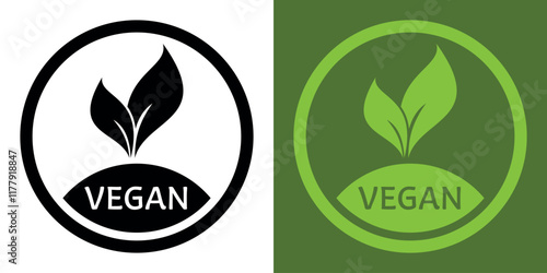 Healthy food emblem. Organic food icon. Round green vegan icon for stickers, labels and logos Vegan, meat free, lactose free, healthy, fresh food.