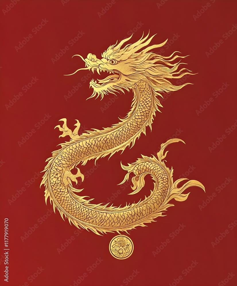 Fototapeta premium A majestic golden dragon statue, a symbol of ancient Chinese culture and mythology, adorned with intricate oriental ornaments, embodies the power Golden Zodiac Wheel for Lunar Celebrations