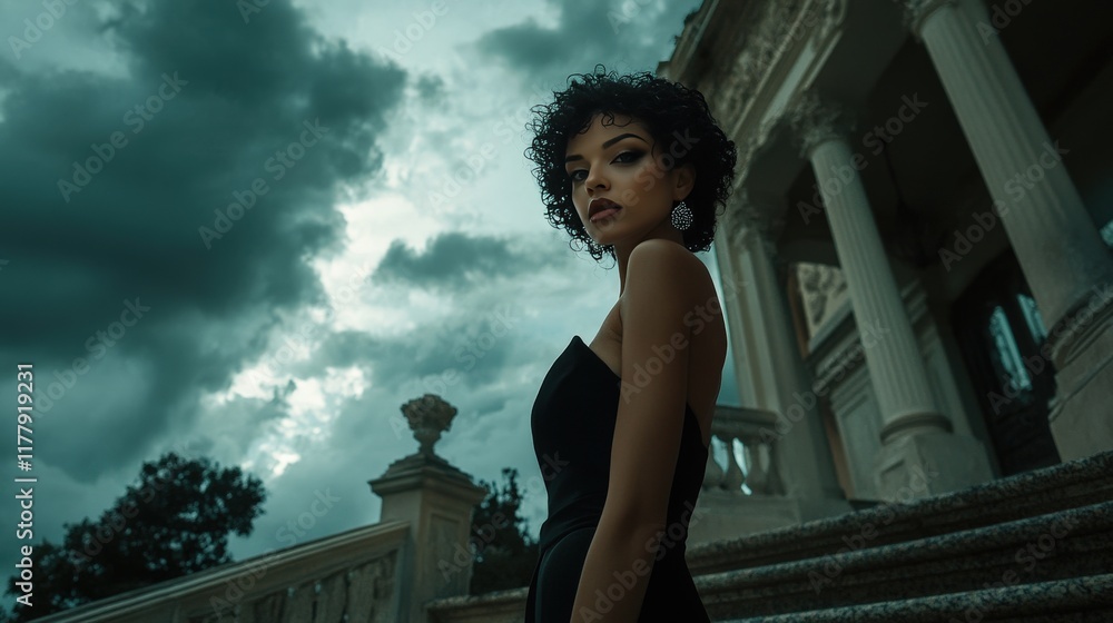 Elegant Woman Posing Before Grand Building Elegant Woman Posing Before Grand Building