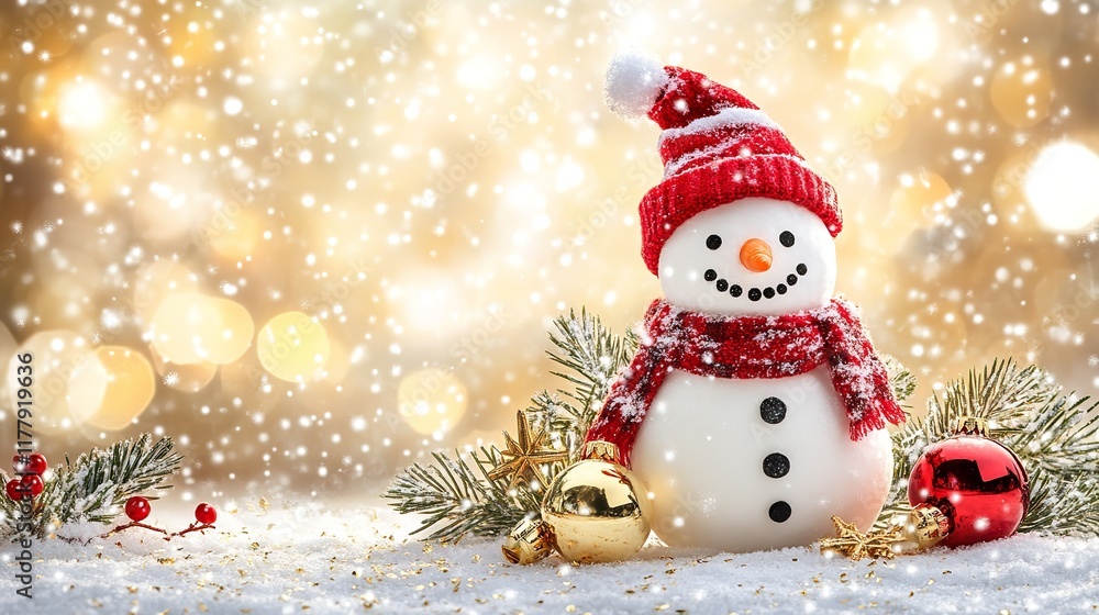Happy Snowman in Winter Scenery with Copy Space - Blurred Bokeh Happy Snowman in Winter Scenery with Copy Space - Blurred Bokeh