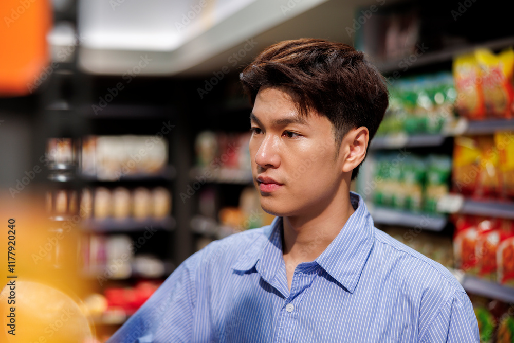 Serious young man shopping in grocery store Serious young man shopping in grocery store