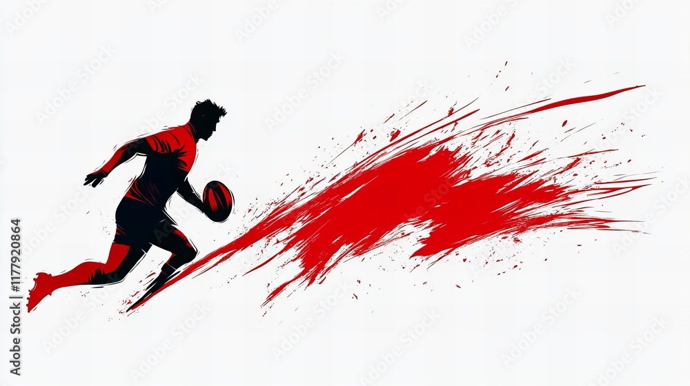 Dynamic silhouette of a male rugby player in motion, carrying the ball. Red paint splatter effect adds energy. Dynamic silhouette of a male rugby player in motion, carrying the ball. Red paint splatter effect adds energy.