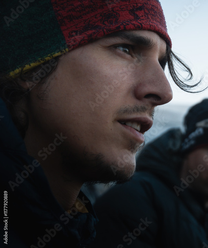 Close-up of a mountaineer during a Zinal Rothorn climb, capturing determination and focus in the Swiss Alps photo