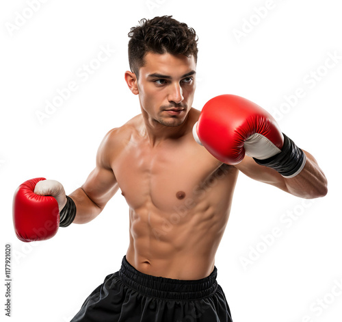 A lightweight hispanic boxer, posing in a fighting stance, isolated photo